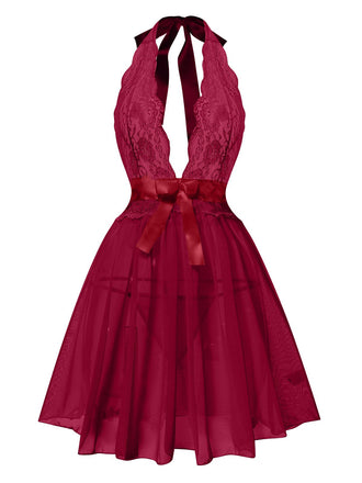 1950er V-Ausschnitt Halter Spitze Transparenter Nachthemden