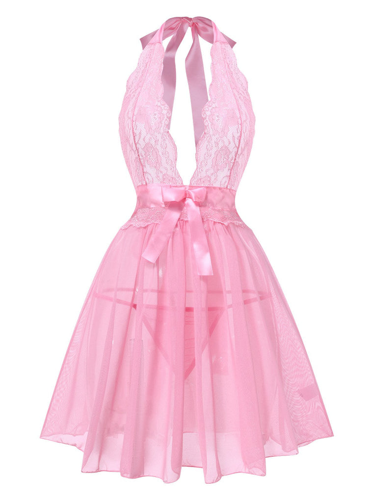 1950er V-Ausschnitt Halter Spitze Transparenter Nachthemden
