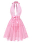 Rosa 1950er V-Ausschnitt Halter Spitze Transparenter Nachthemden