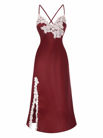 Rot 1930er Spaghetti Träger Seitenschlitz Spitze Nachthemden
