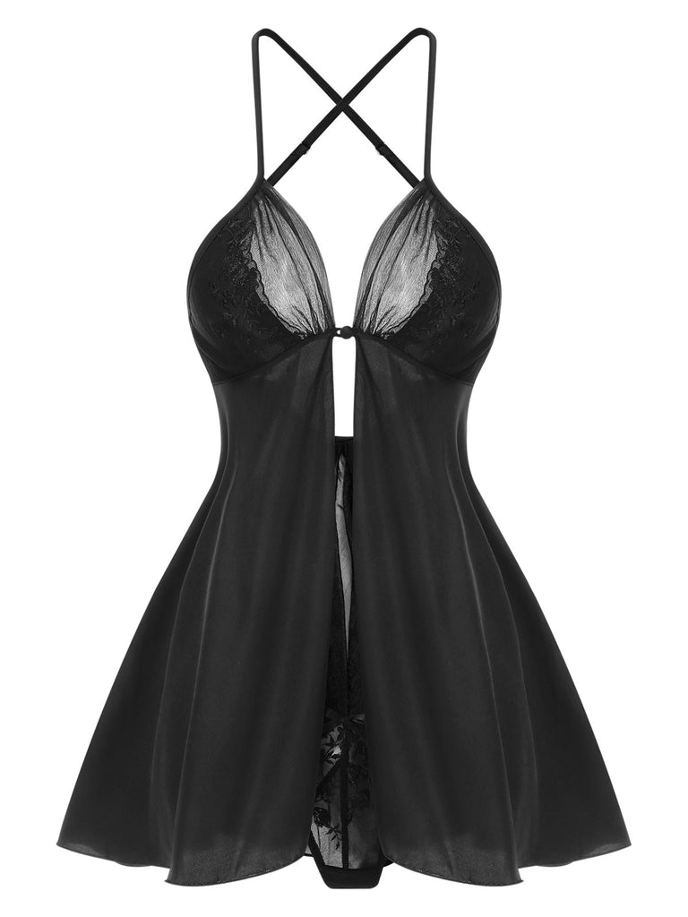 Schwarz 1950er Netz Patchwork Satin Kreuze-Träger Nachthemden
