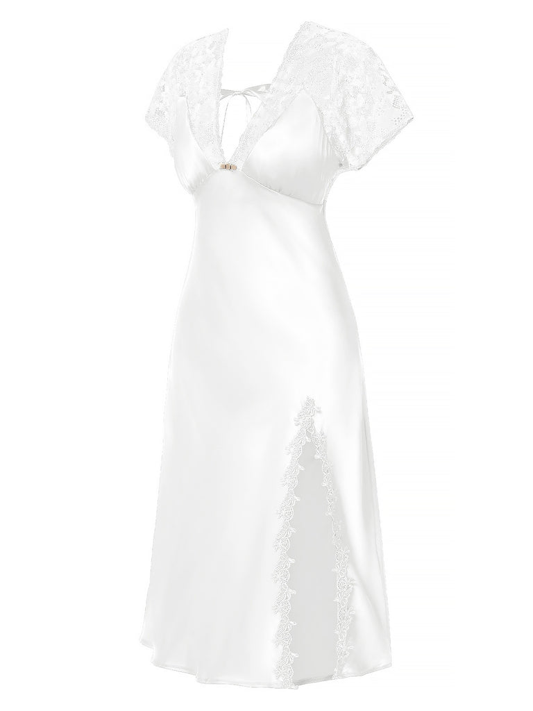 1960er Solide Spitze Satin Patchwork V-Ausschnitt Nachthemd