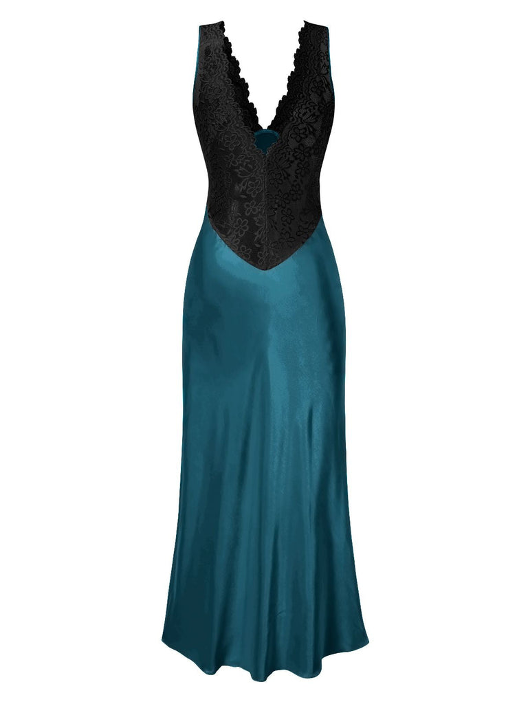 1930er Spitze Hohl Satin Patchwork V-Ausschnitt Nachthemd