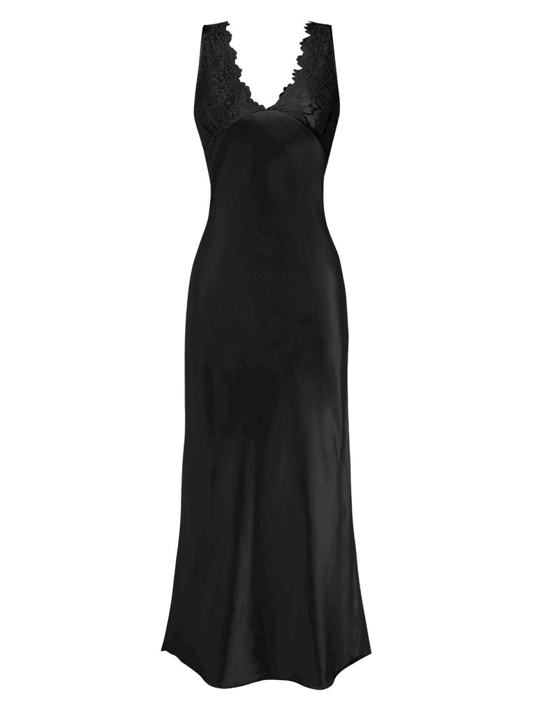1930er Spitze Hohl Satin Patchwork V-Ausschnitt Nachthemd