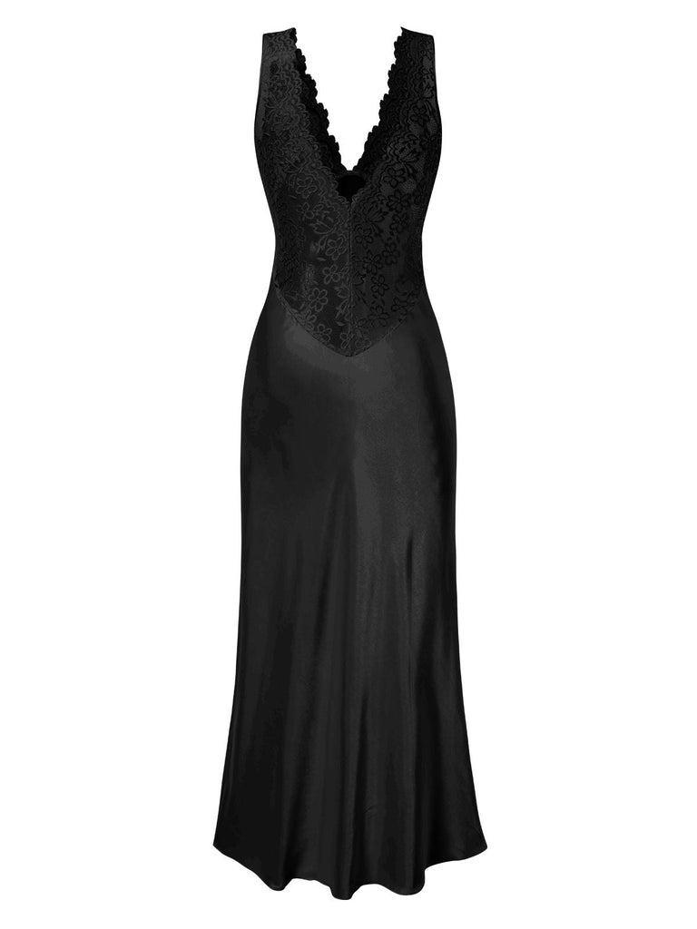 1930er Spitze Hohl Satin Patchwork V-Ausschnitt Nachthemd