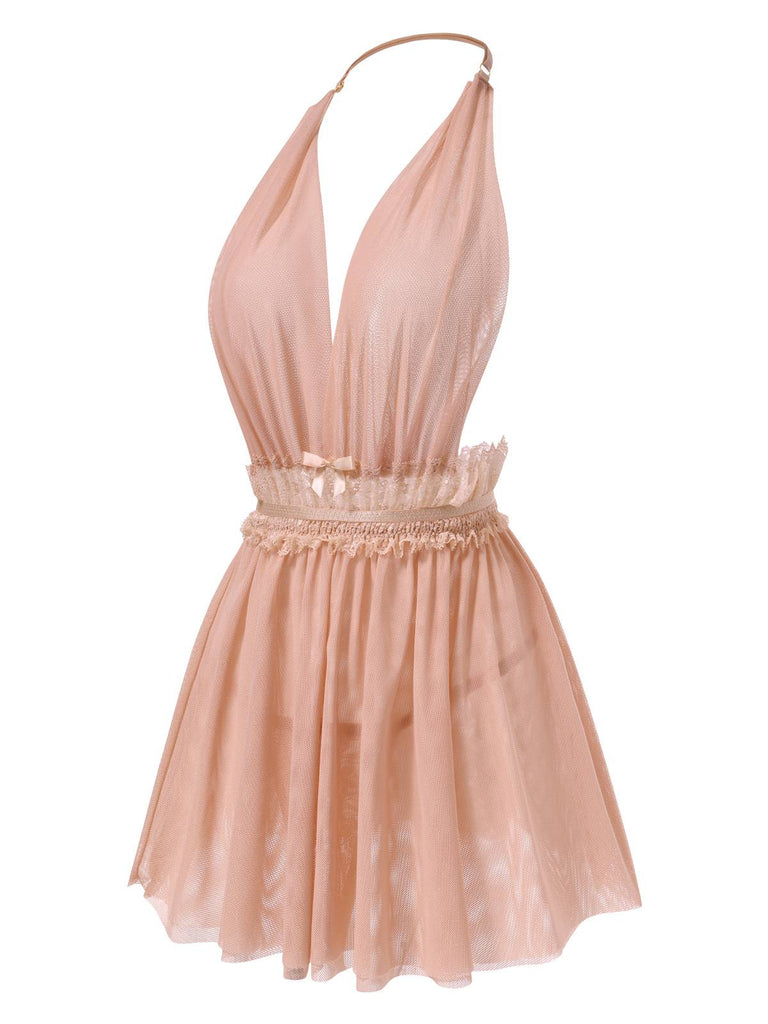 1950er Spitze Netz Tief V-Ausschnitt Halter Nachthemd