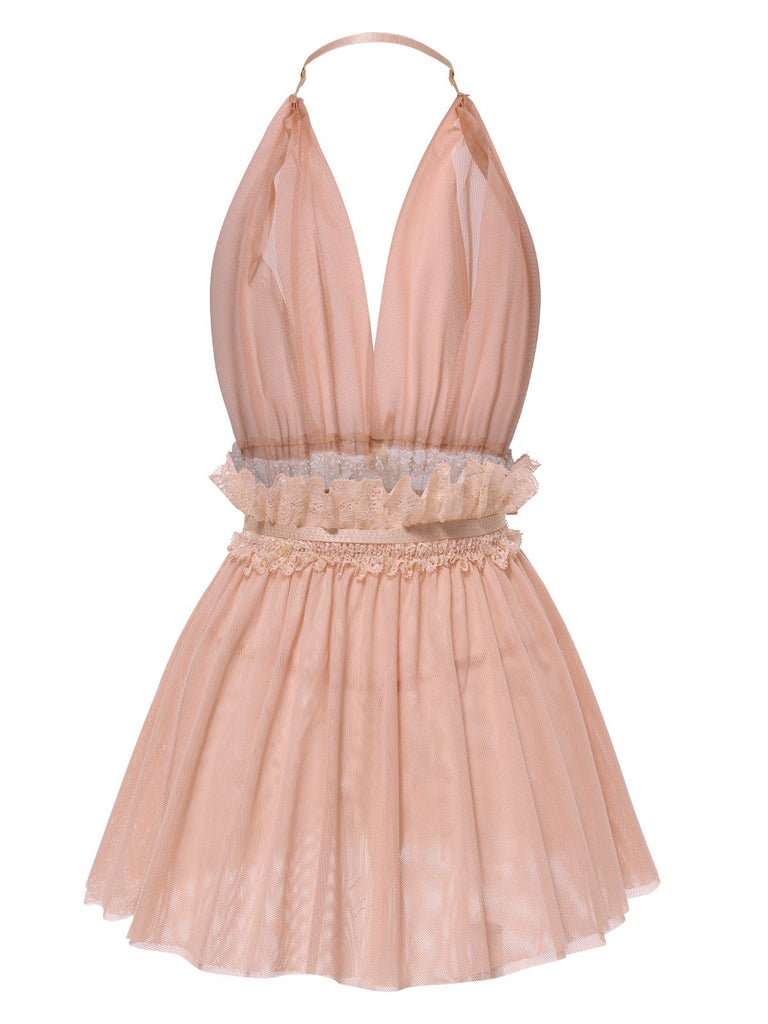 1950er Spitze Netz Tief V-Ausschnitt Halter Nachthemd