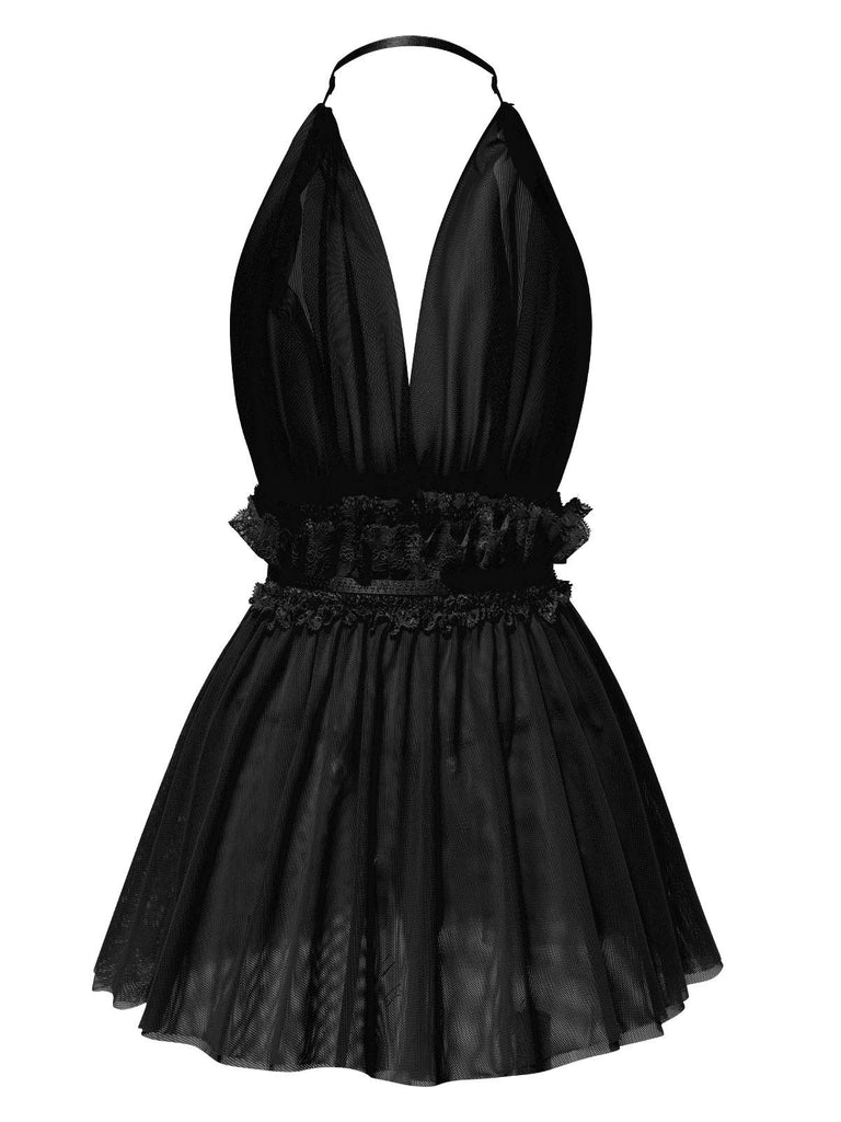 1950er Spitze Netz Tief V-Ausschnitt Halter Nachthemd