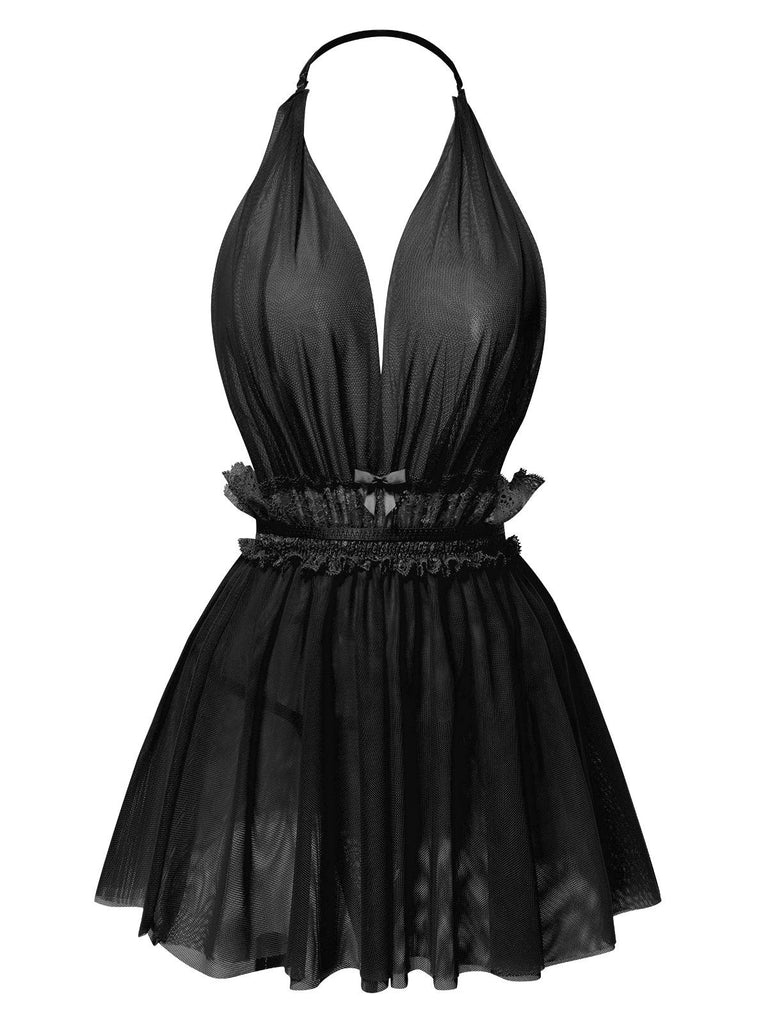 1950er Spitze Netz Tief V-Ausschnitt Halter Nachthemd