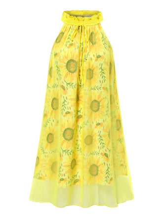 [Vorverkauf] Gelb 1950er Sonnenblume Boot Neck Tüll Nachthemd