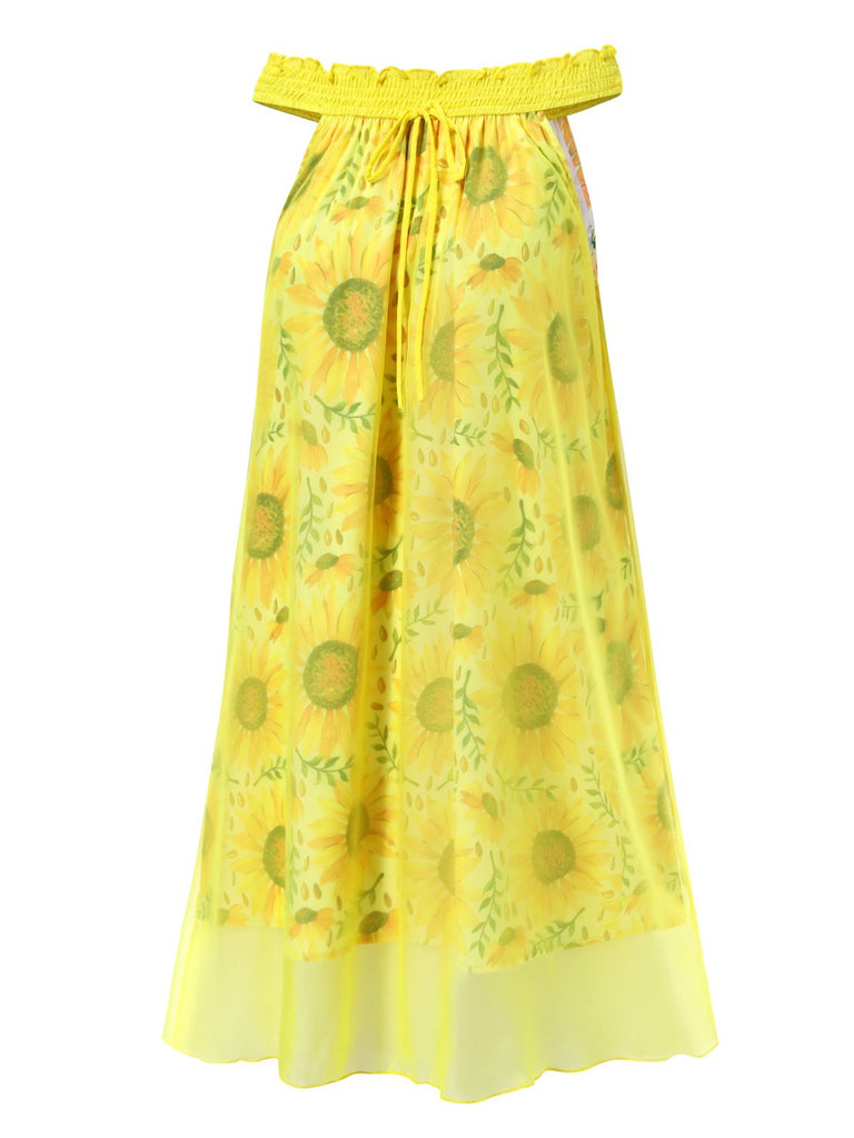 [Vorverkauf] Gelb 1950er Sonnenblume Boot Neck Tüll Nachthemd