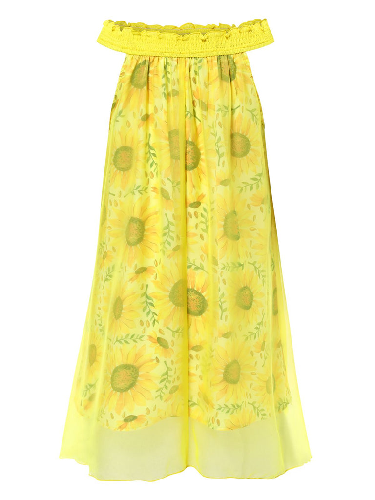 [Vorverkauf] Gelb 1950er Sonnenblume Boot Neck Tüll Nachthemd