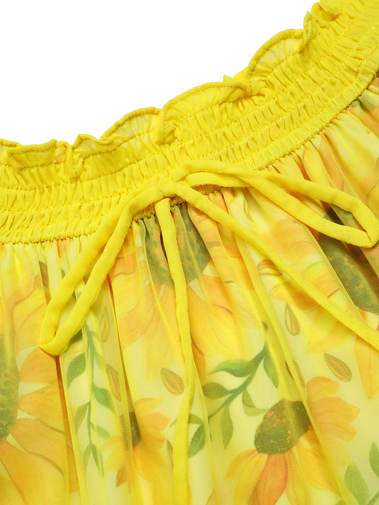 [Vorverkauf] Gelb 1950er Sonnenblume Boot Neck Tüll Nachthemd