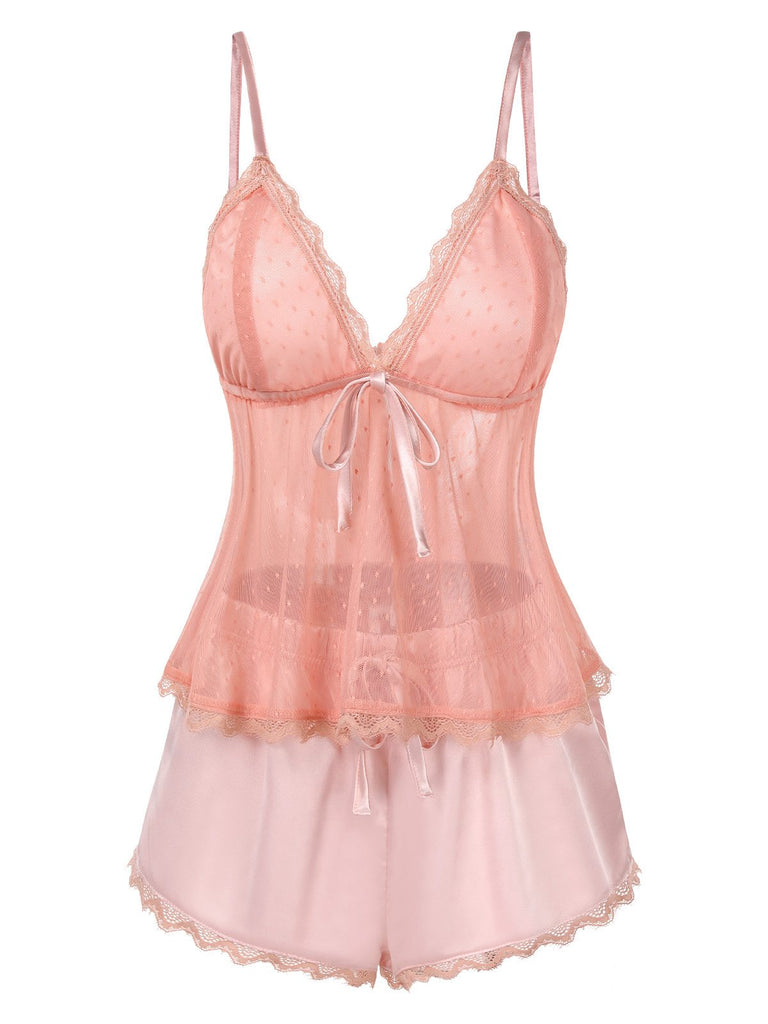 Rosa 1950er Punkte Spitze Besatz Satin Pyjama Set