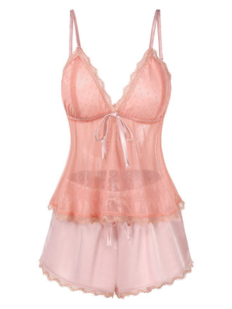 Rosa 1950er Punkte Spitze Besatz Satin Pyjama Set