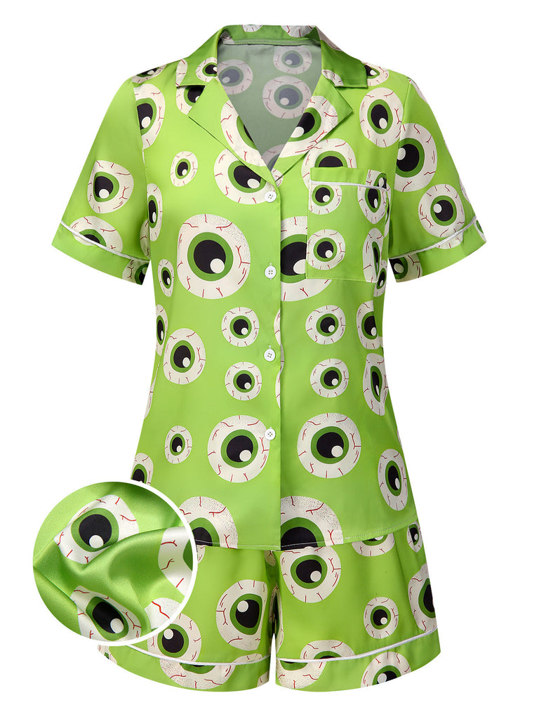 [Vorverkauf] Grün 1970er Halloween Augapfel Revers Pyjama Set
