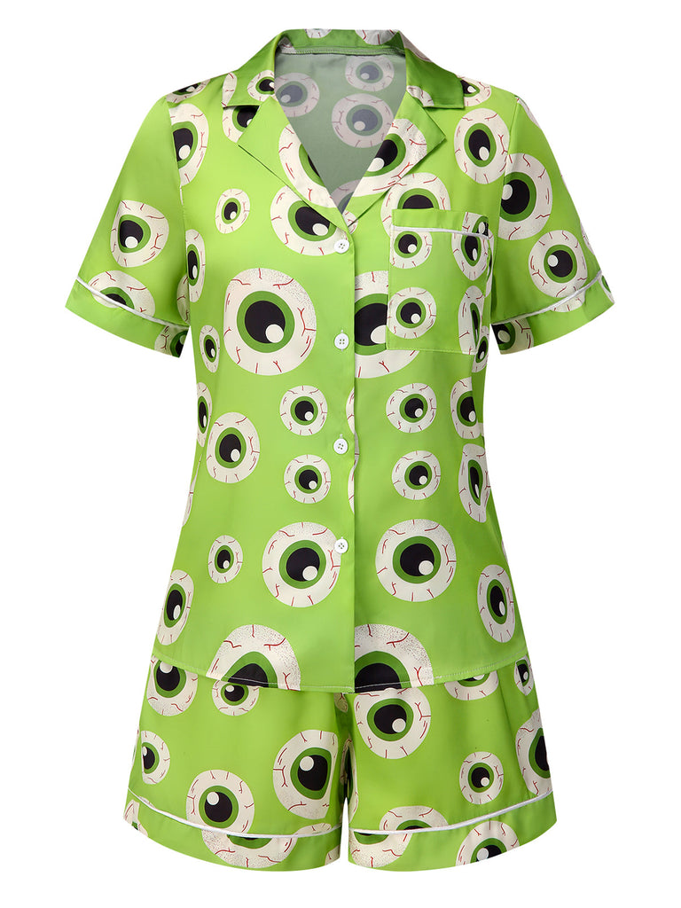 [Vorverkauf] Grün 1970er Halloween Augapfel Revers Pyjama Set