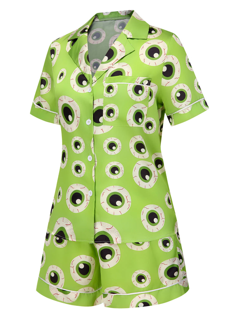 [Vorverkauf] Grün 1970er Halloween Augapfel Revers Pyjama Set