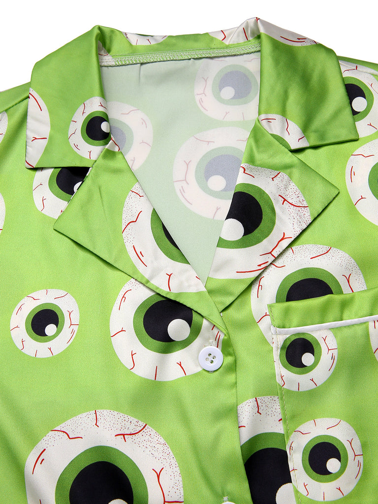 [Vorverkauf] Grün 1970er Halloween Augapfel Revers Pyjama Set