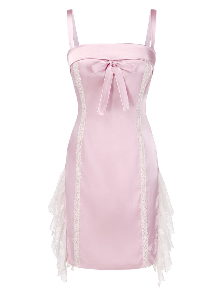 [Vorverkauf] Rosa 1960er Netz Patchwork Bogen Slip Nachthemd