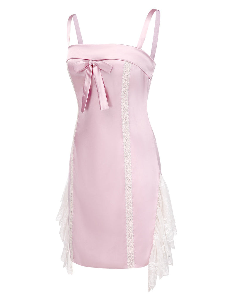 [Vorverkauf] Rosa 1960er Netz Patchwork Bogen Slip Nachthemd