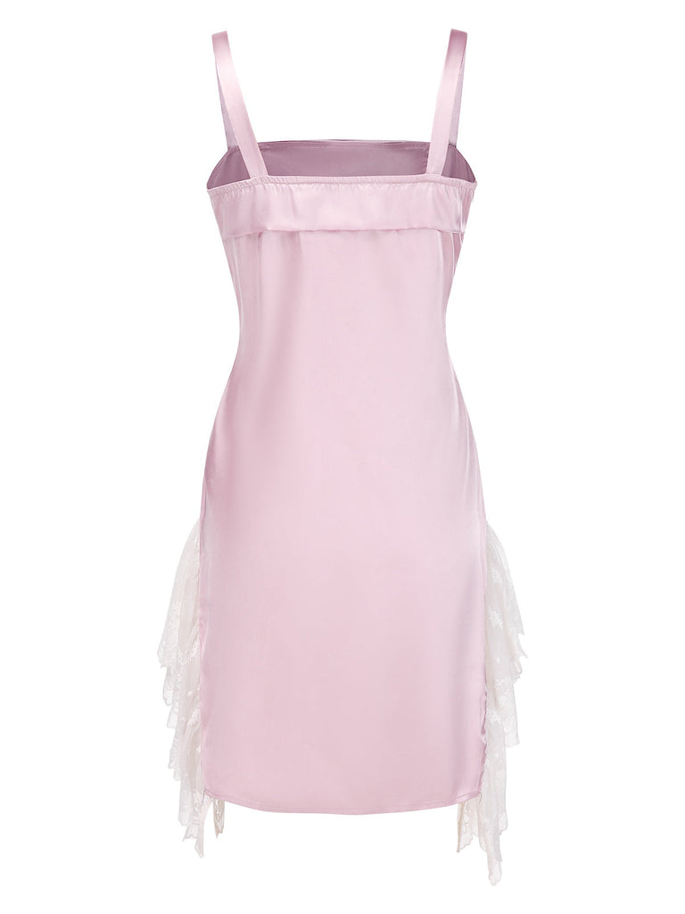 [Vorverkauf] Rosa 1960er Netz Patchwork Bogen Slip Nachthemd