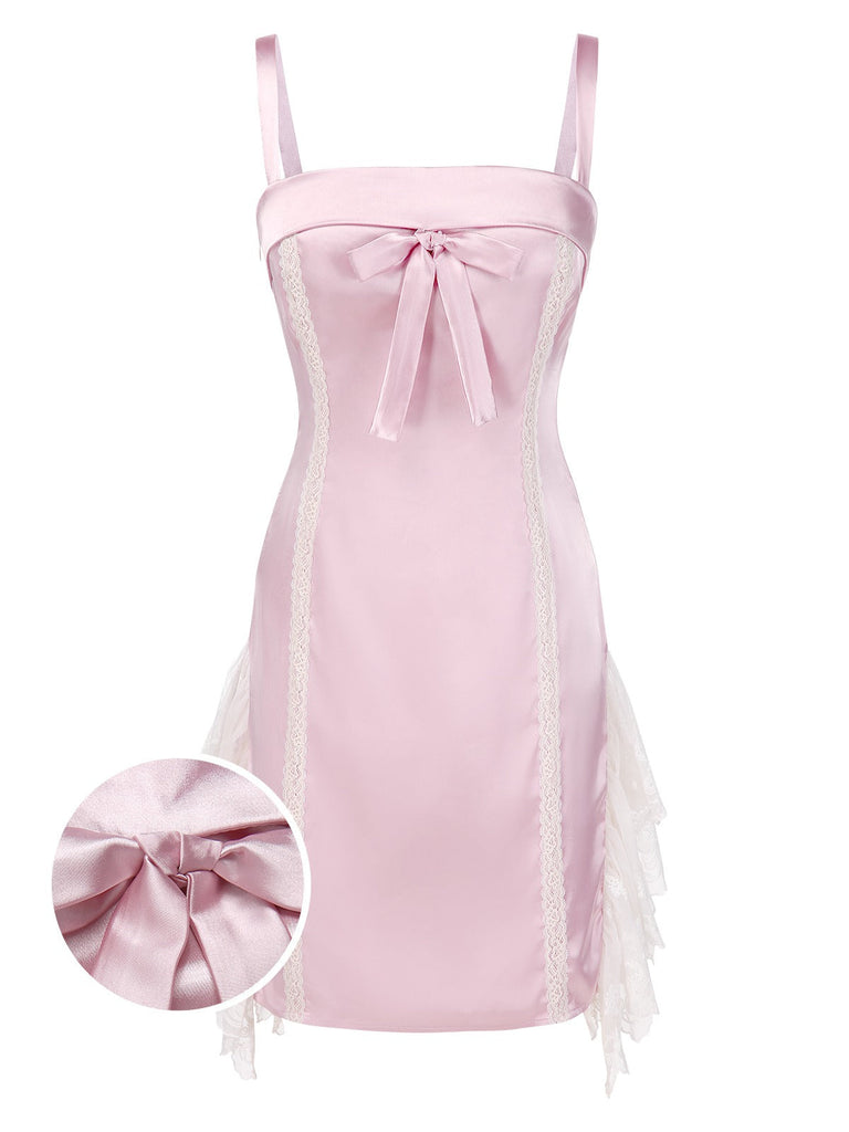 [Vorverkauf] Rosa 1960er Netz Patchwork Bogen Slip Nachthemd