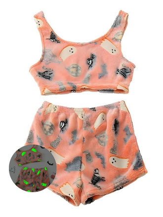 2PCS Orange 1960er Halloween Geist Vlies Pyjama Set