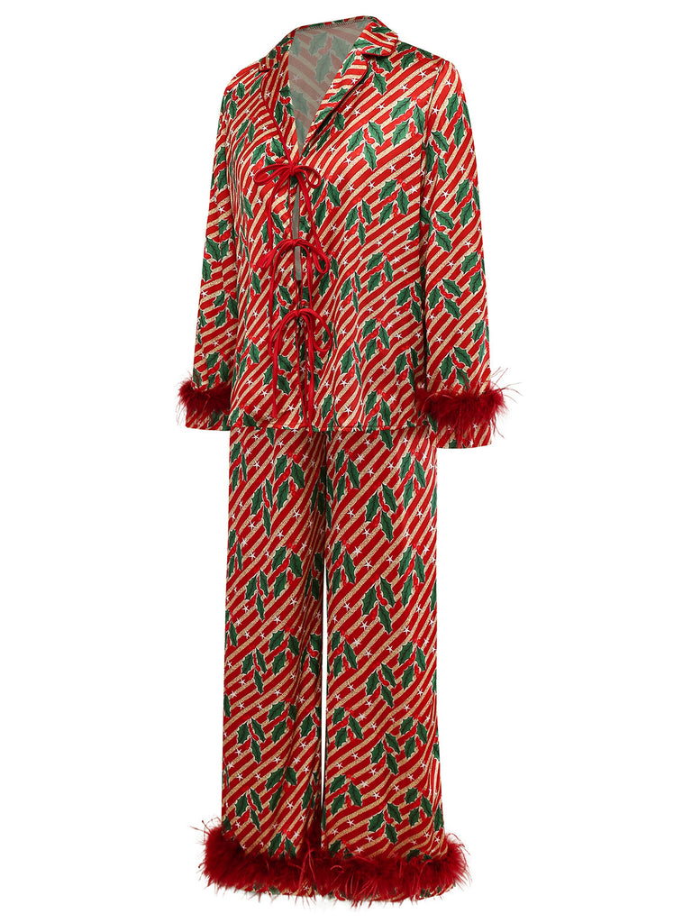 [Vorverkauf] Rot 1950er Stechpalme & Candy Streifen Feder Pajama Set