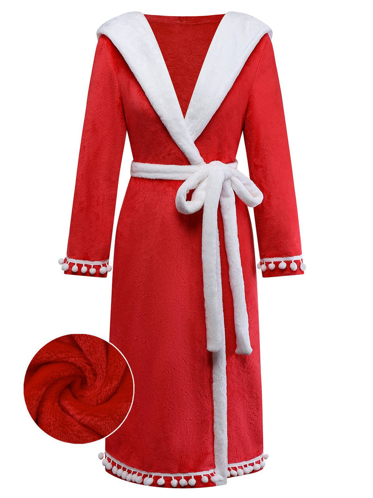 [Vorverkauf] Rot 1940er Kunstpelz V-Ausschnitt Bommel Robe Mit Kapuze