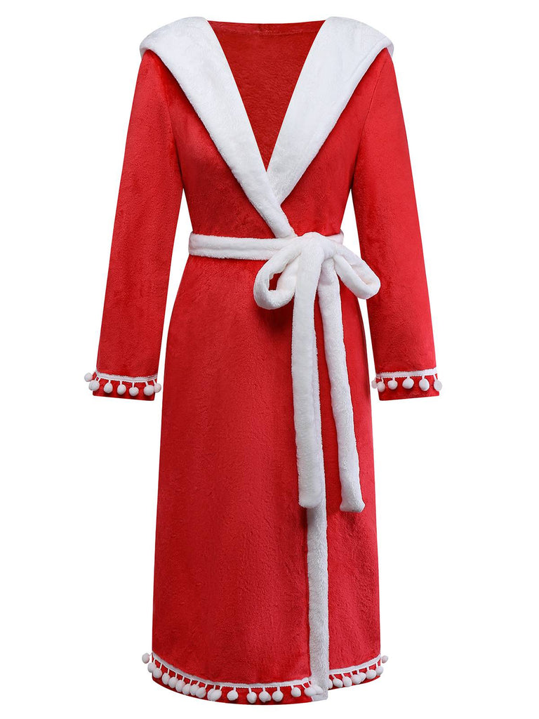 [Vorverkauf] Rot 1940er Kunstpelz V-Ausschnitt Bommel Robe Mit Kapuze