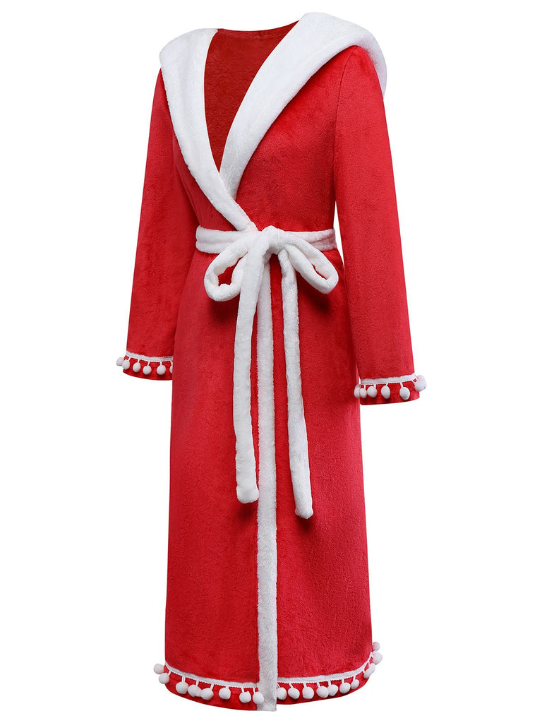 [Vorverkauf] Rot 1940er Kunstpelz V-Ausschnitt Bommel Robe Mit Kapuze