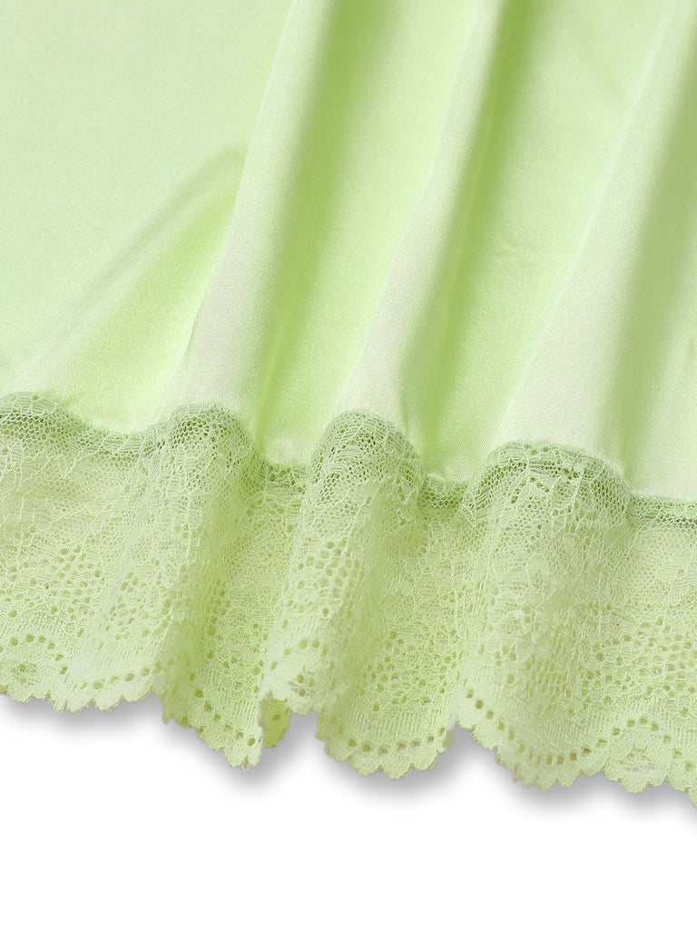 Grün 1960er Spitze Satin V-Ausschnitt Spaghetti Träger Nachthemd