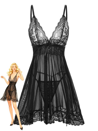 Schwarz 1960er Spitze Sheer Babydoll Dessous Set