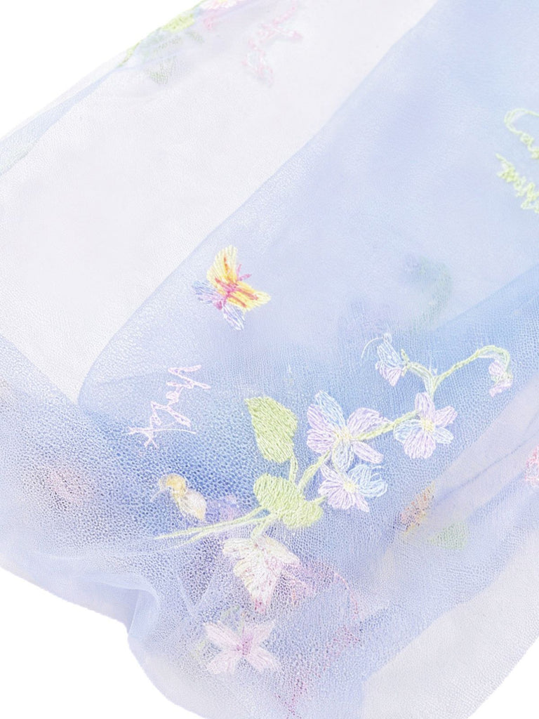 [Vorverkauf] Blau 1930er Blumen Bestickt Netz Langarm Kleid