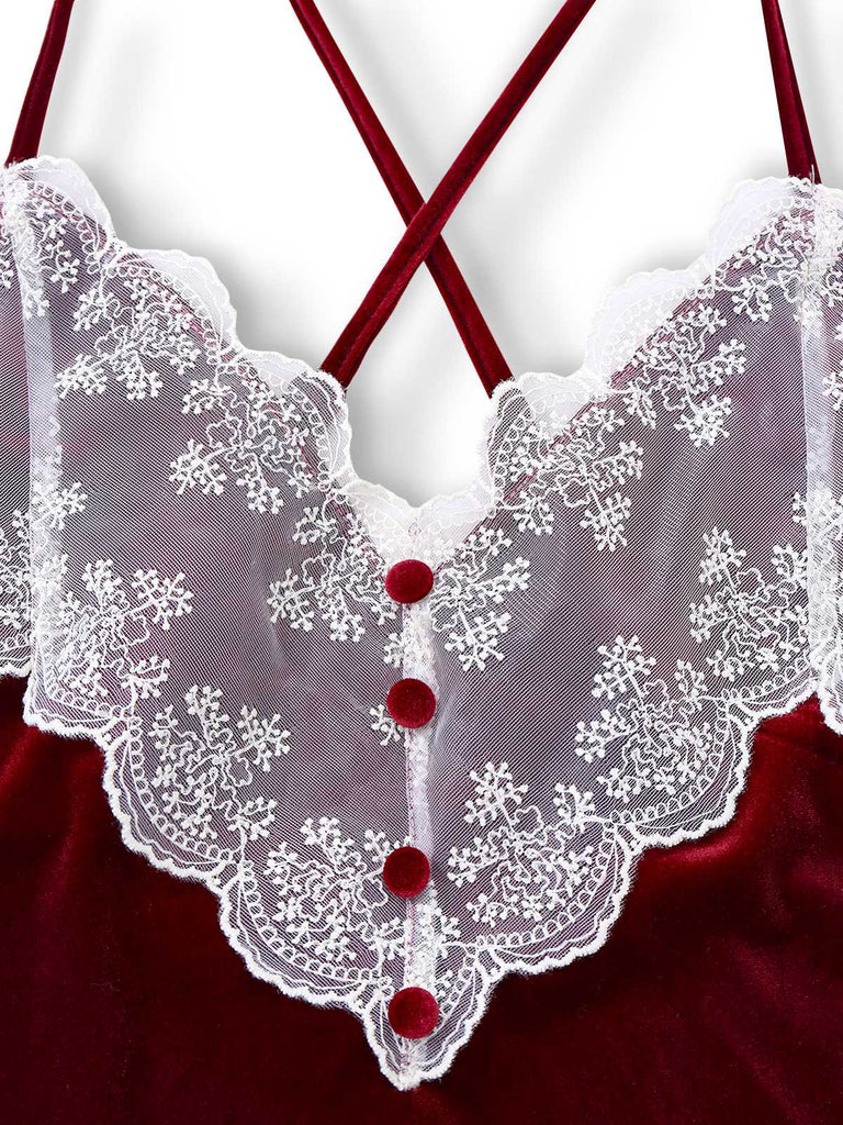 [Vorverkauf] Rot 1940er Spaghetti Träger Spitze Samt Nachthemd