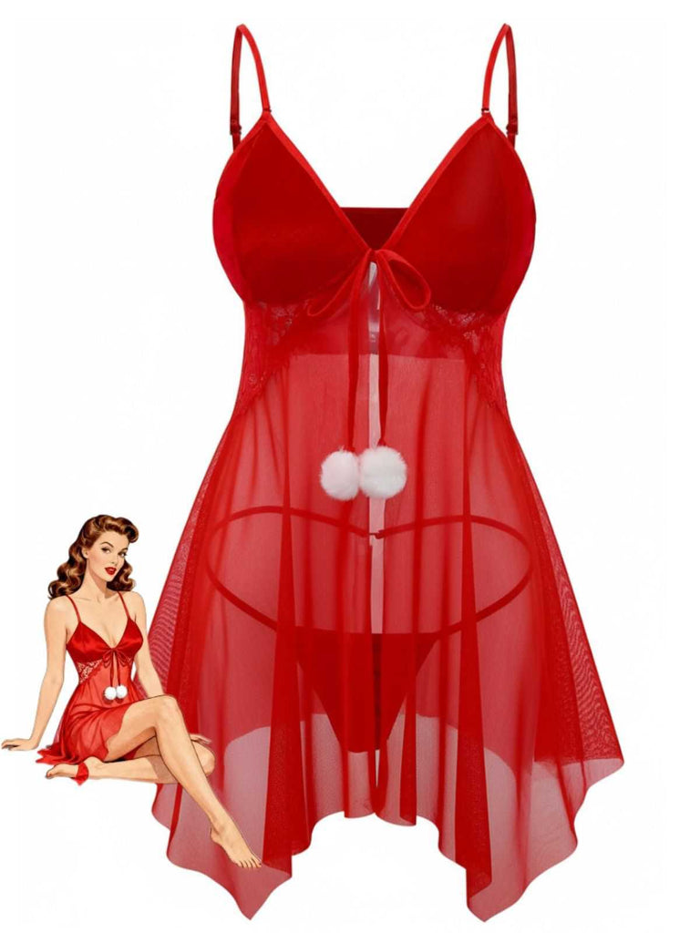 Rot 1970er Sheer Babydoll Unterwäsche Set Mit Pompon