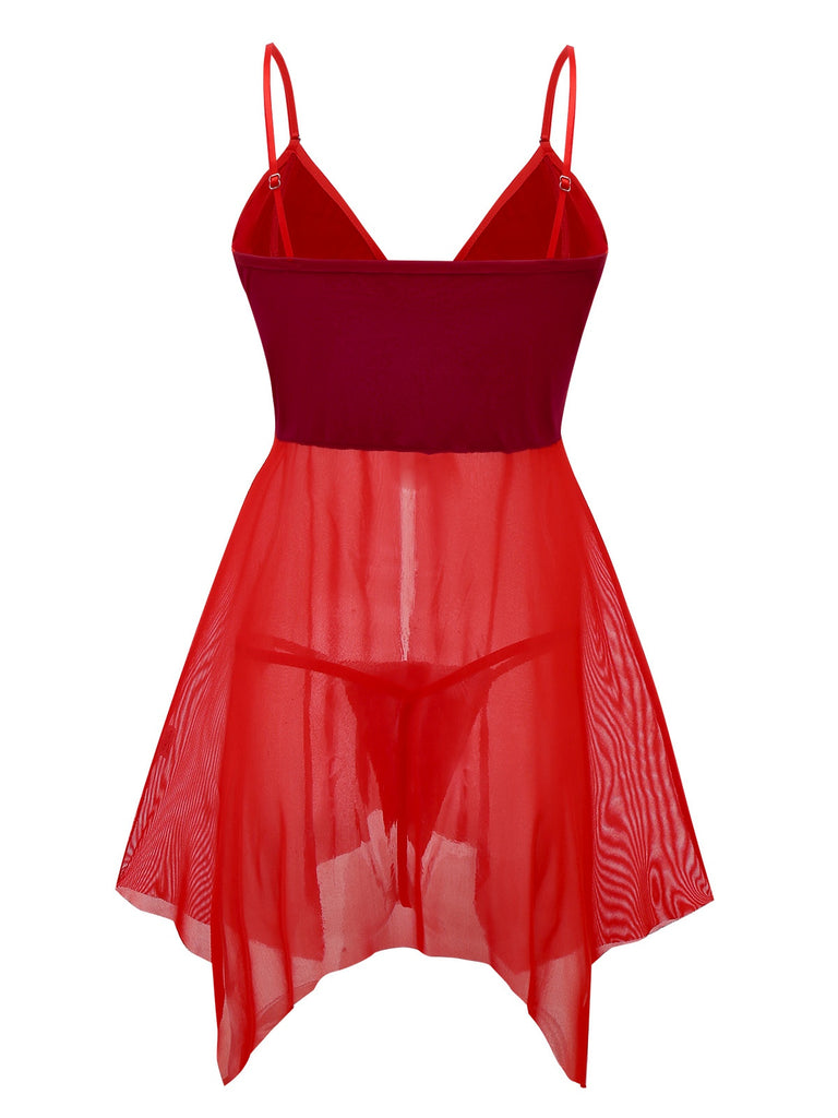 Rot 1970er Sheer Babydoll Unterwäsche Set Mit Pompon