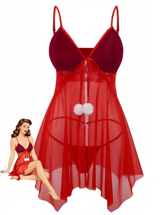 Rot 1970er Sheer Babydoll Unterwäsche Set Mit Pompon