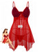 Rot 1970er Sheer Babydoll Unterwäsche Set Mit Pompon