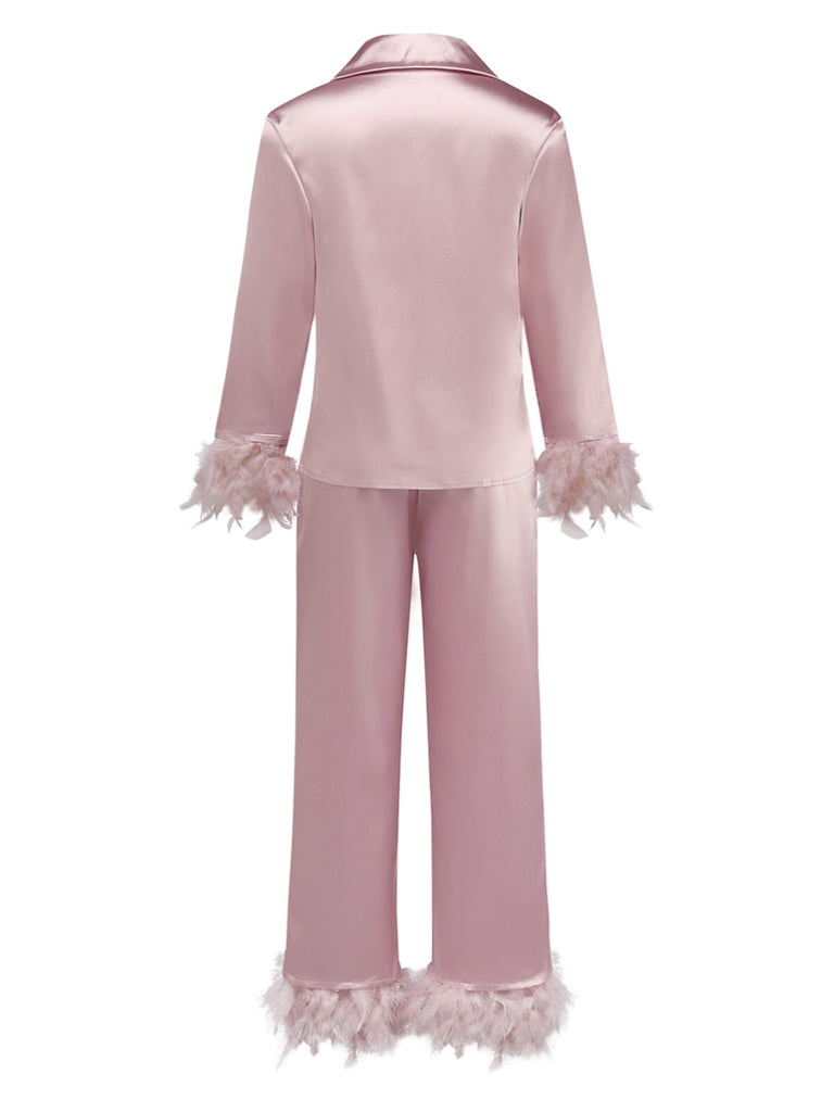 1930er Solide Federbesatz Satin Pyjama Set