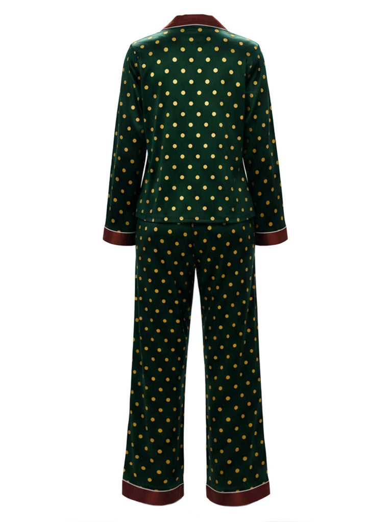 [Vorverkauf] Dunkelgrün 1970er Kontrast Polka Dots Pyjama