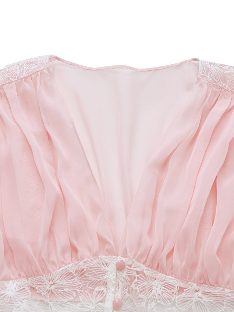 [Vorverkauf] Rosa 1930er Netz Plissiertes Spitze Taille Nachtwäsche