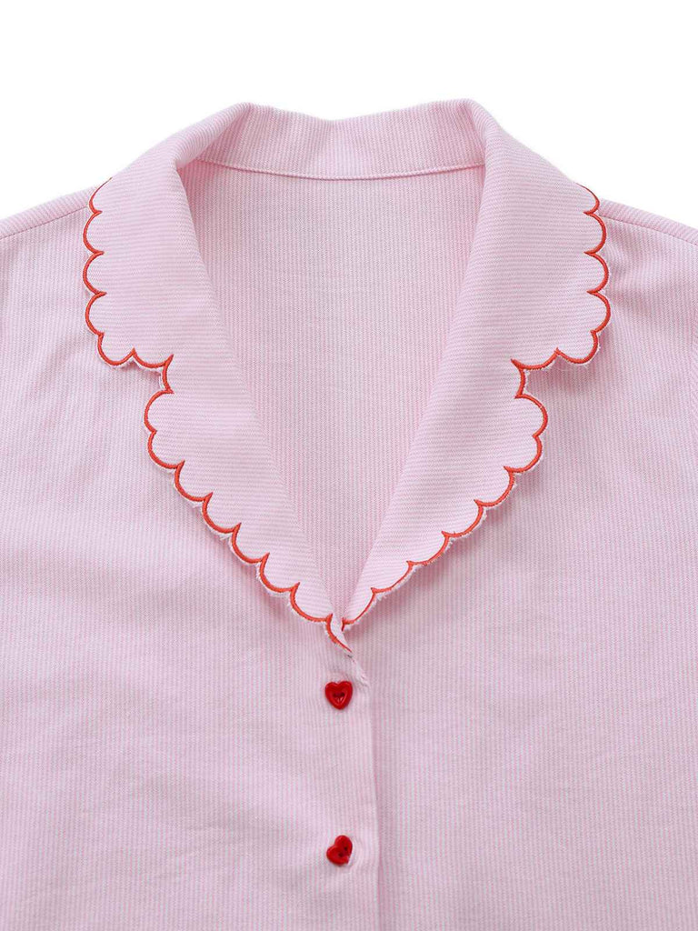 [Vorverkauf] Blassrosa 1950er Nadelstreifen Herz Knopf Baumwolle Pyjama