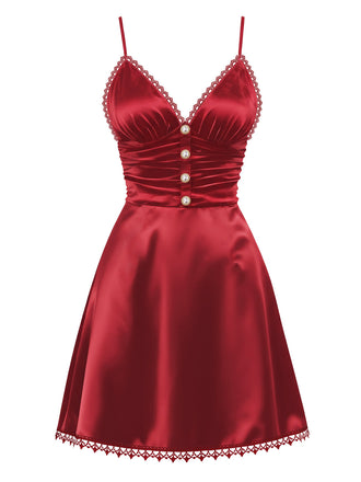 [Vorverkauf] Weinrot 1960er Spitze Perle Satin Träger Nachthemd