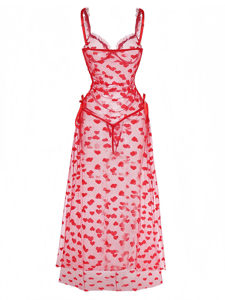 Rot 1930er Herz Netz Gurt Nachthemd