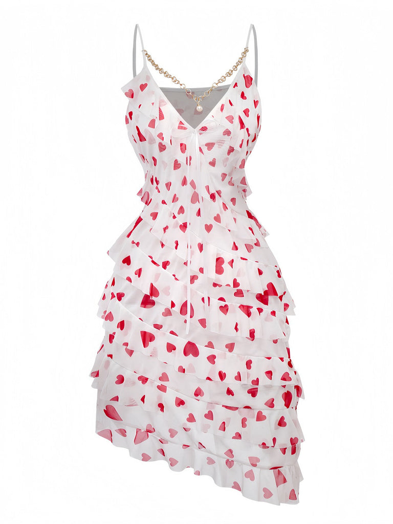 Rot 1960er Herz Rüschen Netz Slip Nachthemd