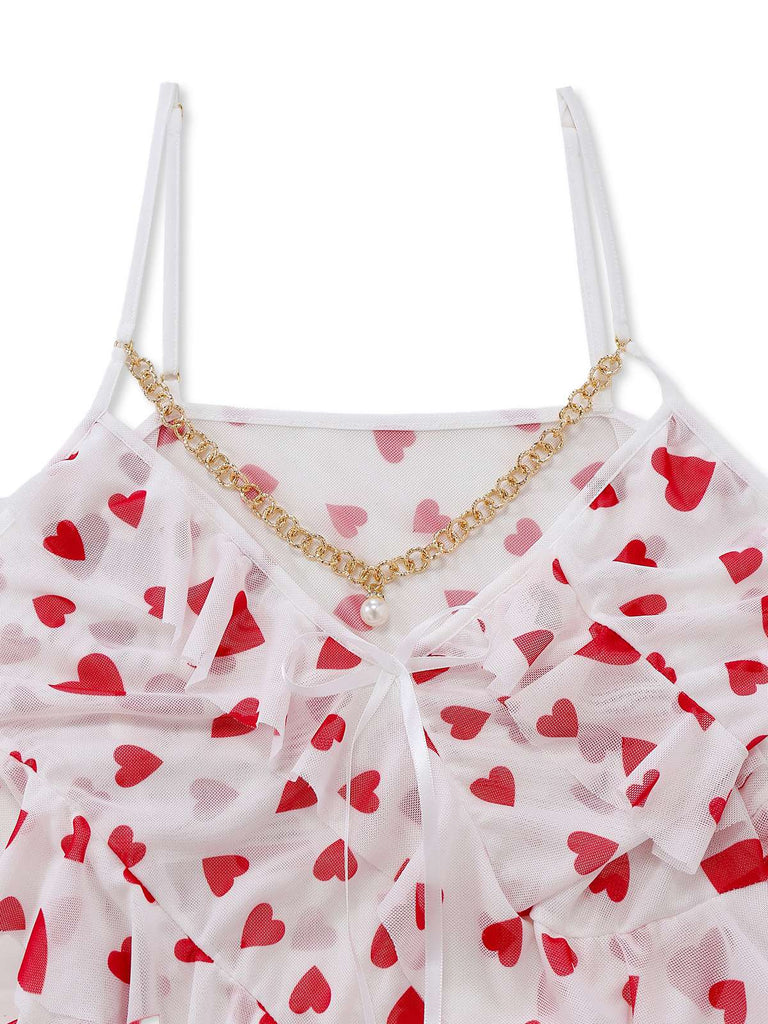 Rot 1960er Herz Rüschen Netz Slip Nachthemd