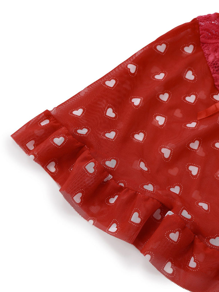 2PCS Rot 1960er Herz Bogen Rüschen Valentinstag Pyjama