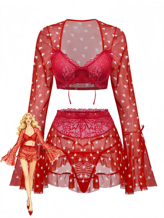 [Vorverkauf] 2PCS Rot 1960er Herz Bogen Rüschen Valentinstag Pyjama